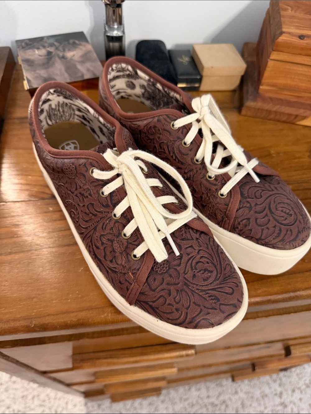 Ariat Brown Embossed Floral Platform Sneakers with Cream Laces